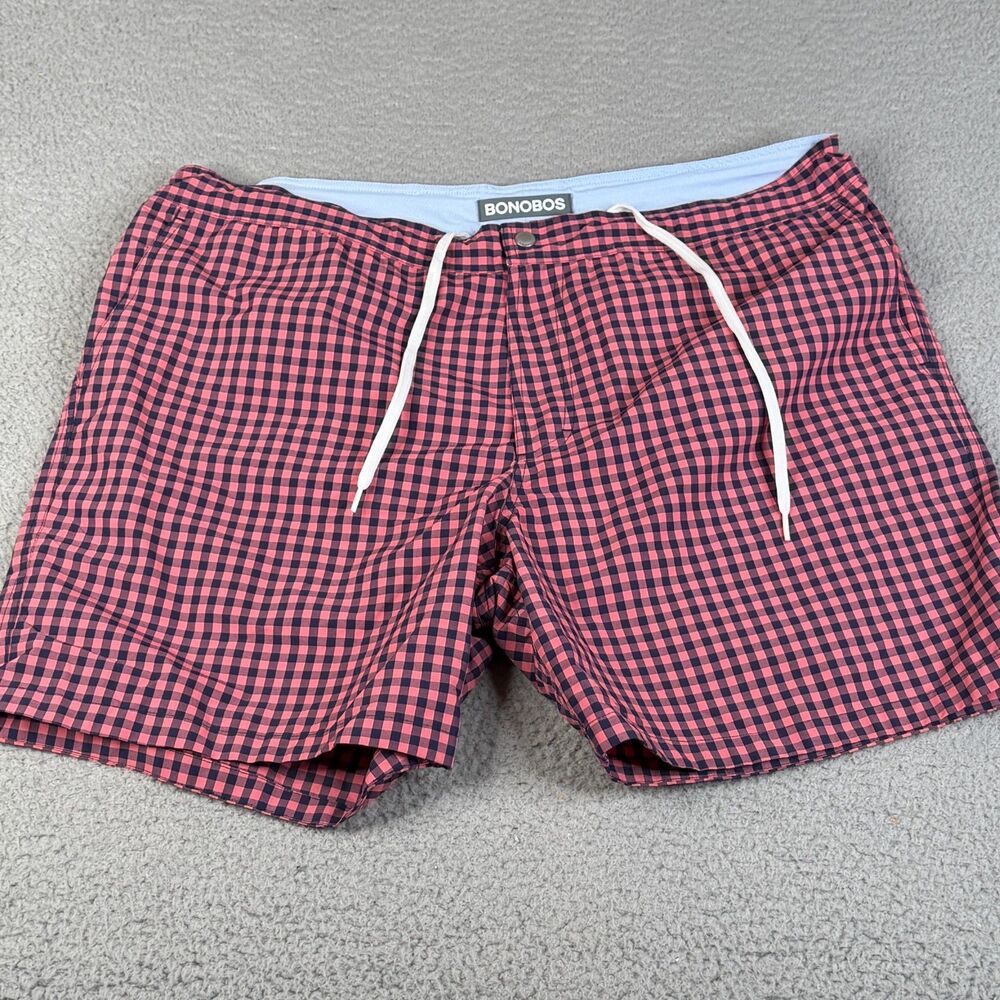 BONOBOS  Swim Shorts Mens 40 Pink Blue 7" Inseam Check Mesh Lined Hybrid Trunks